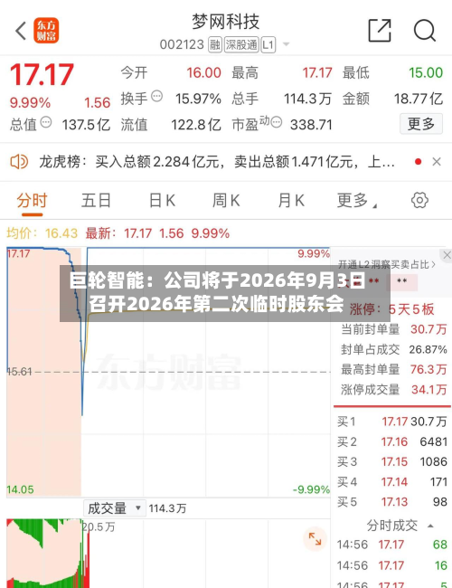 巨轮智能:公司将于2026年9月3日召开2026年第二次临时股东会-第1张图片