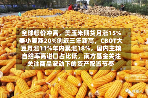 全球粮价冲高，美玉米期货月涨15%美小麦涨20%创近三年新高，CBOT大豆月涨11%年内累涨18%	，国内主粮自给率高进口占比低，南方基金关注关注商品波动下的资产配置节奏-第1张图片